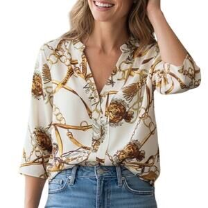 Hippocampe Blouse Top Womens M Cream Chain Print 3/4 Sleeve Old Money Equestrian